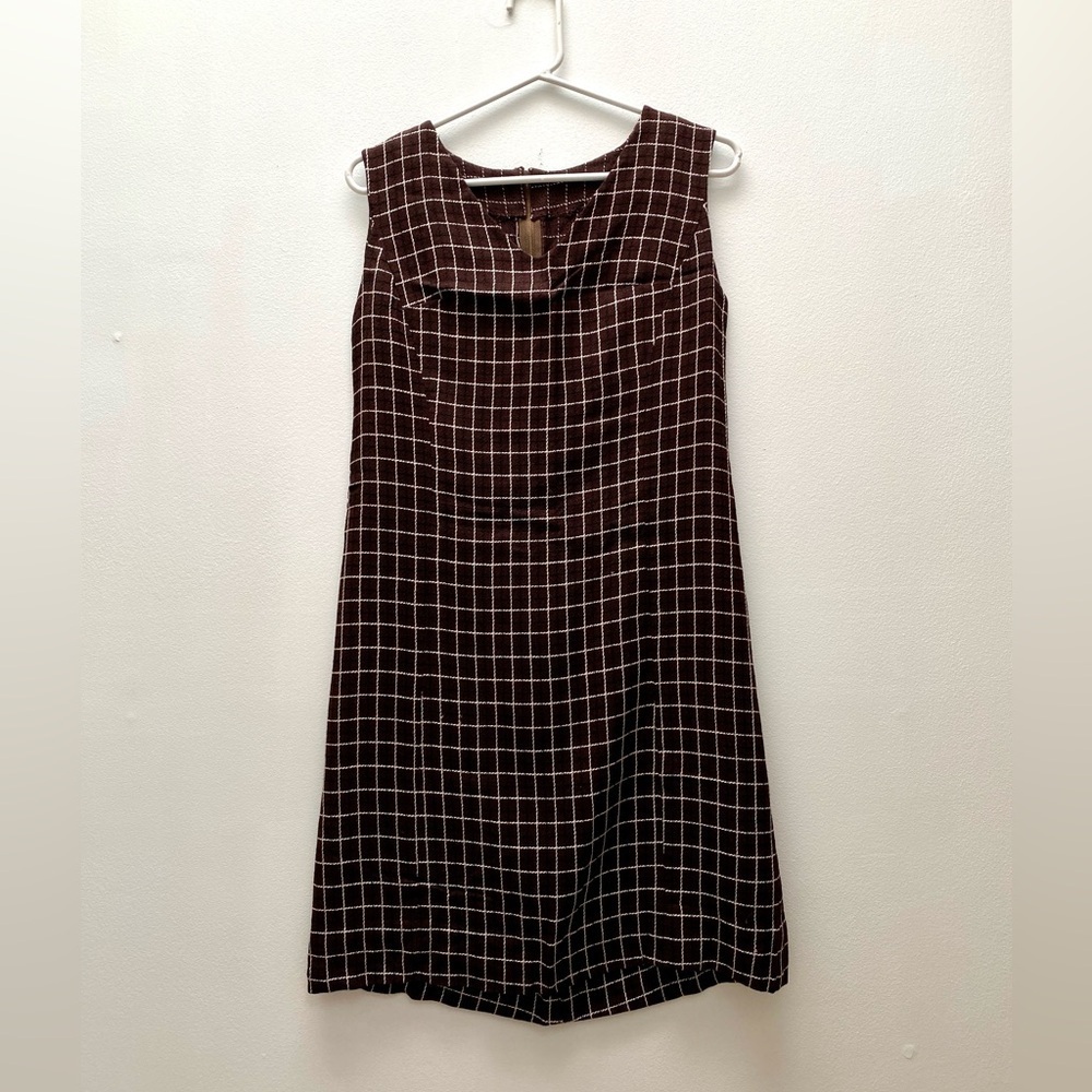 Vintage - 1960’s Dark Brown Checkered Sleeveless Shift Mod Dress